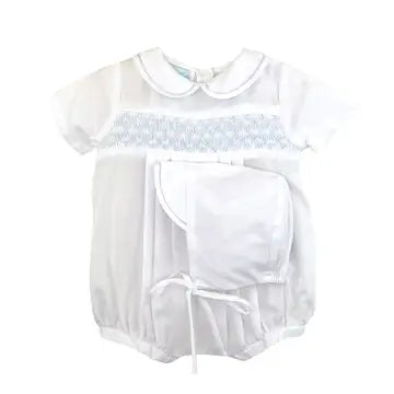 Diamond Smocked Bubble, White w/Blue
