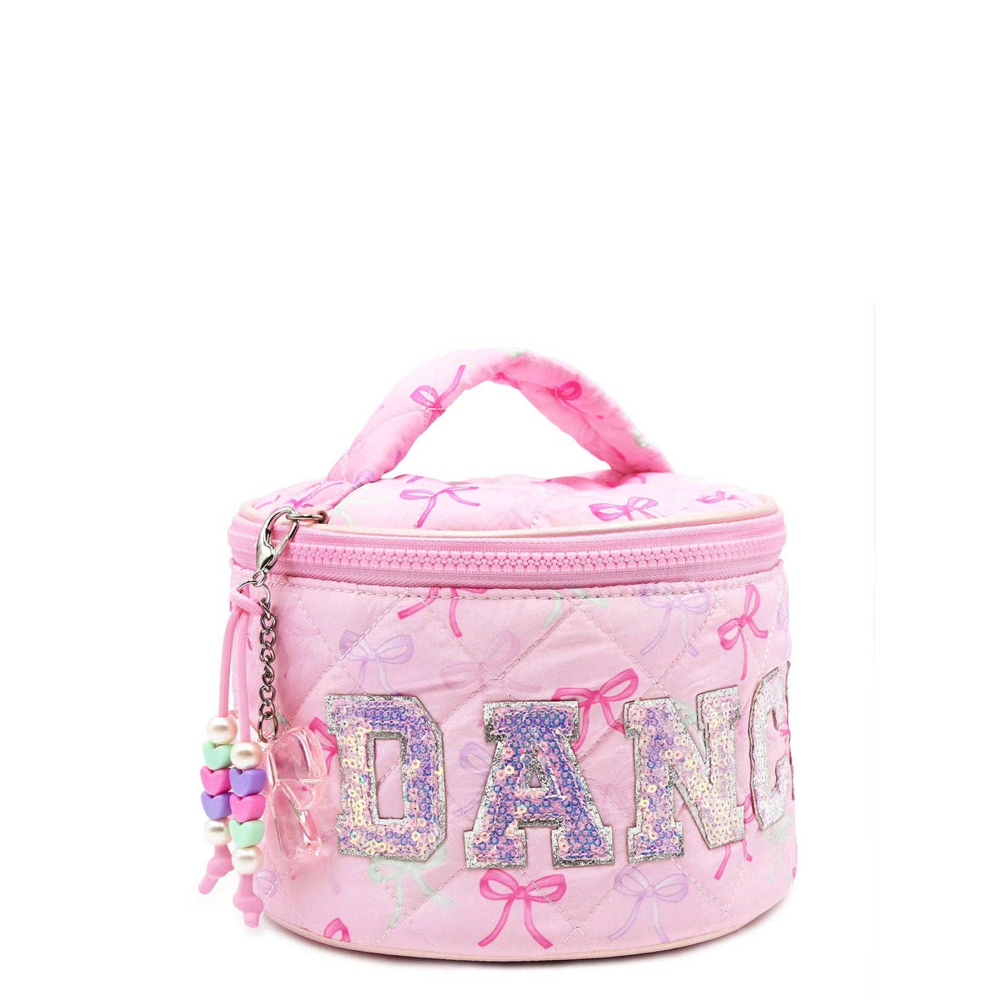 'DANCE' Quilted Bow Printed Round Glam Bag with Charm