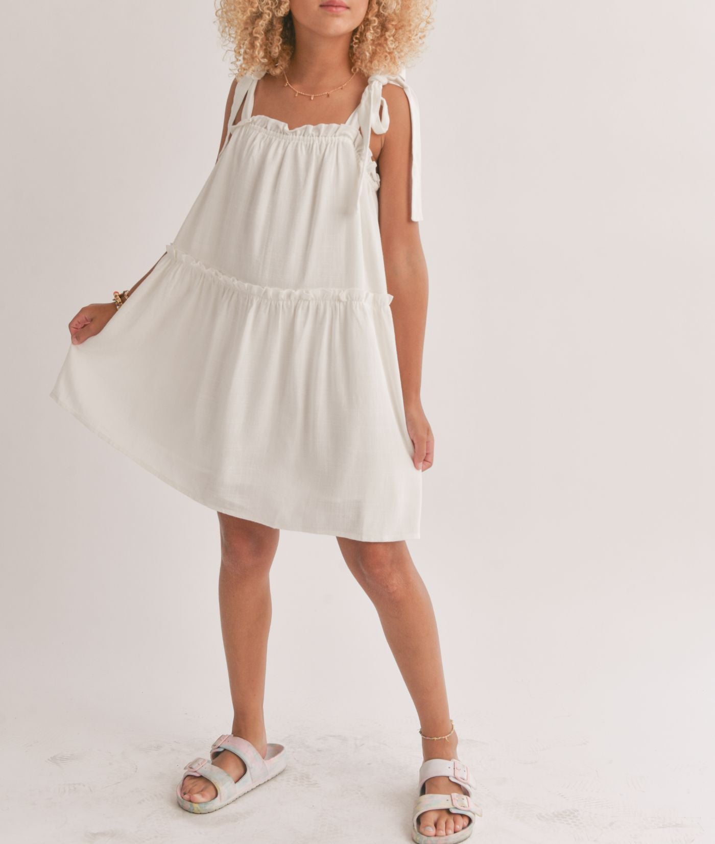 Tween Sugarloaf Tiered Dress w/Tie Straps, White
