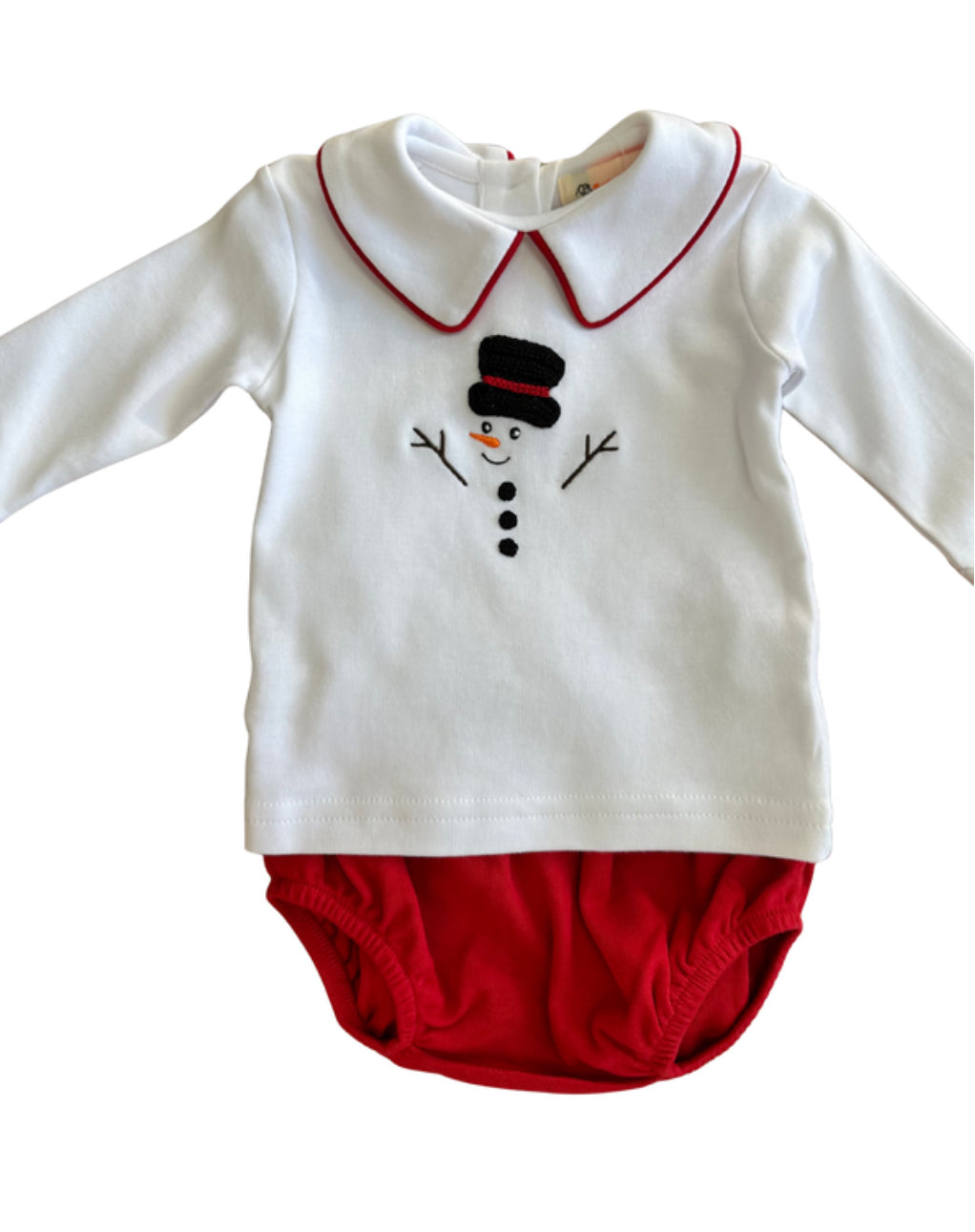 Boy Snowman Diaper Cover Set, White/Red