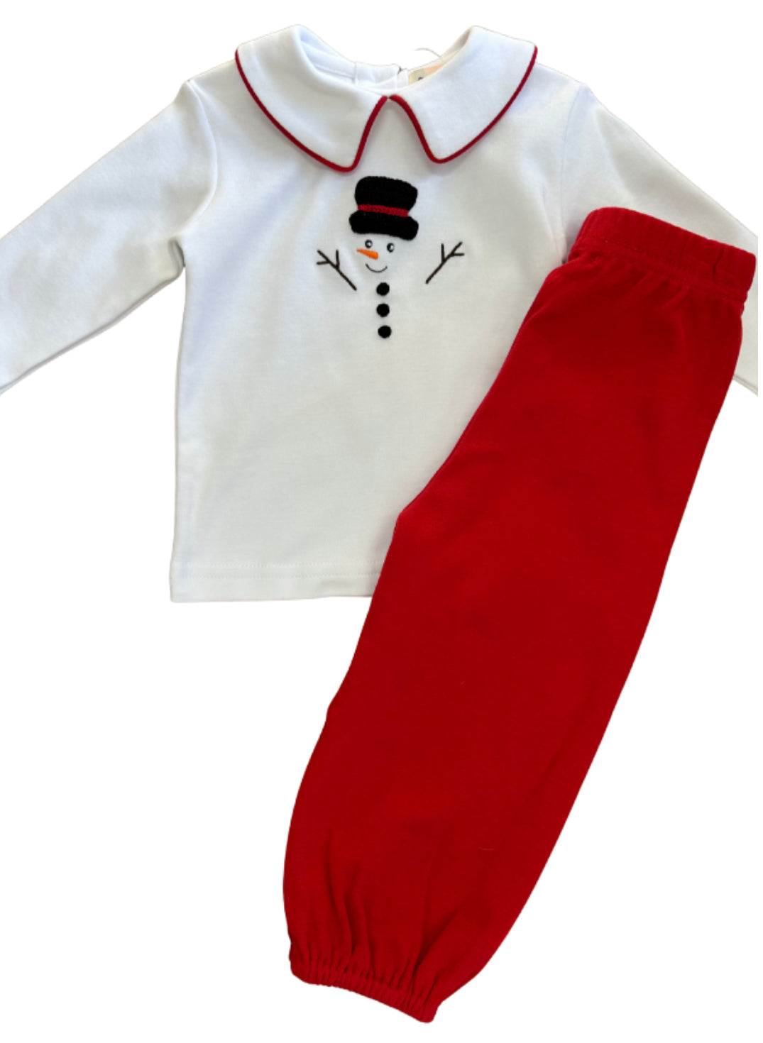 Boy Snowman Pant Set, White/Red