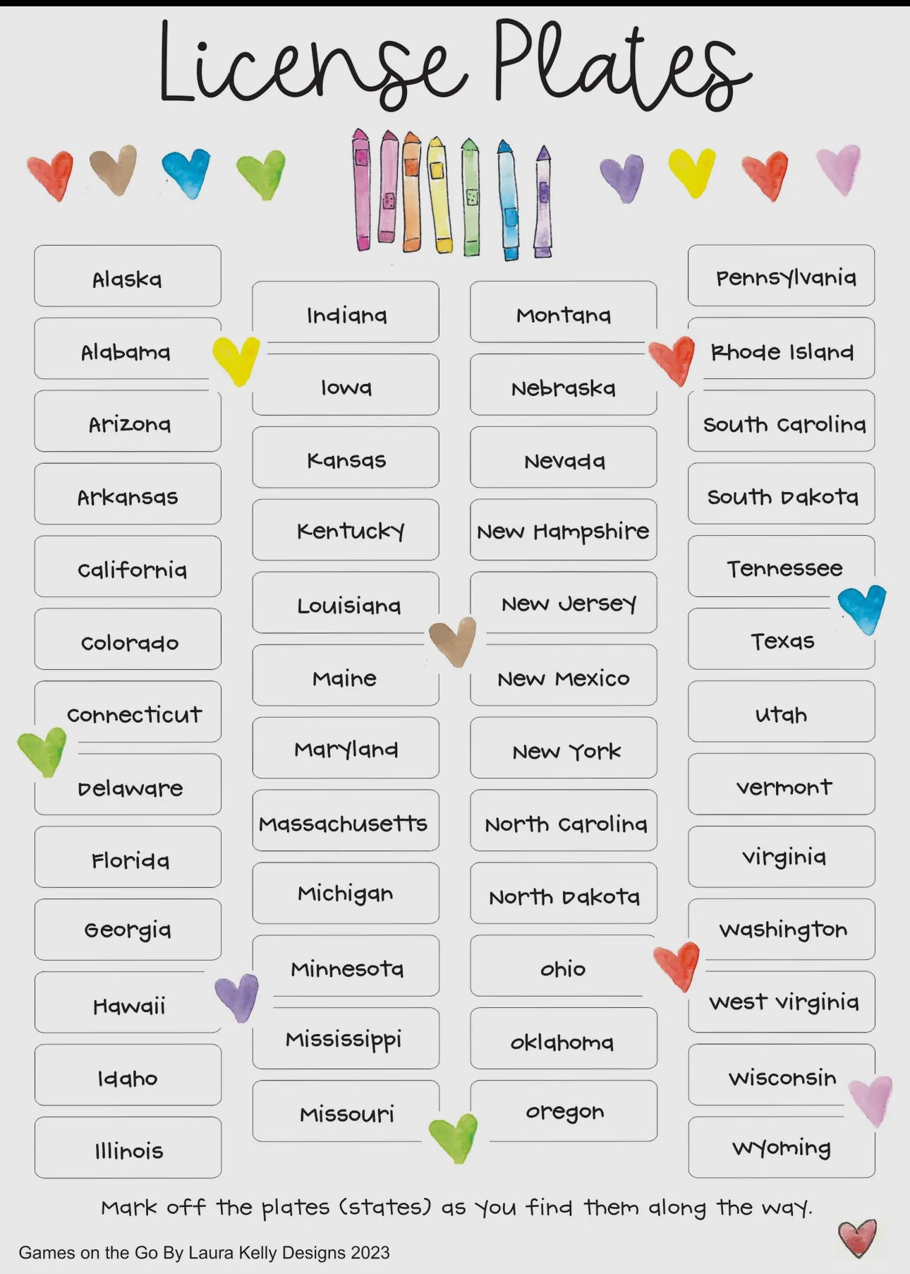 License Plate Travel Game Cards