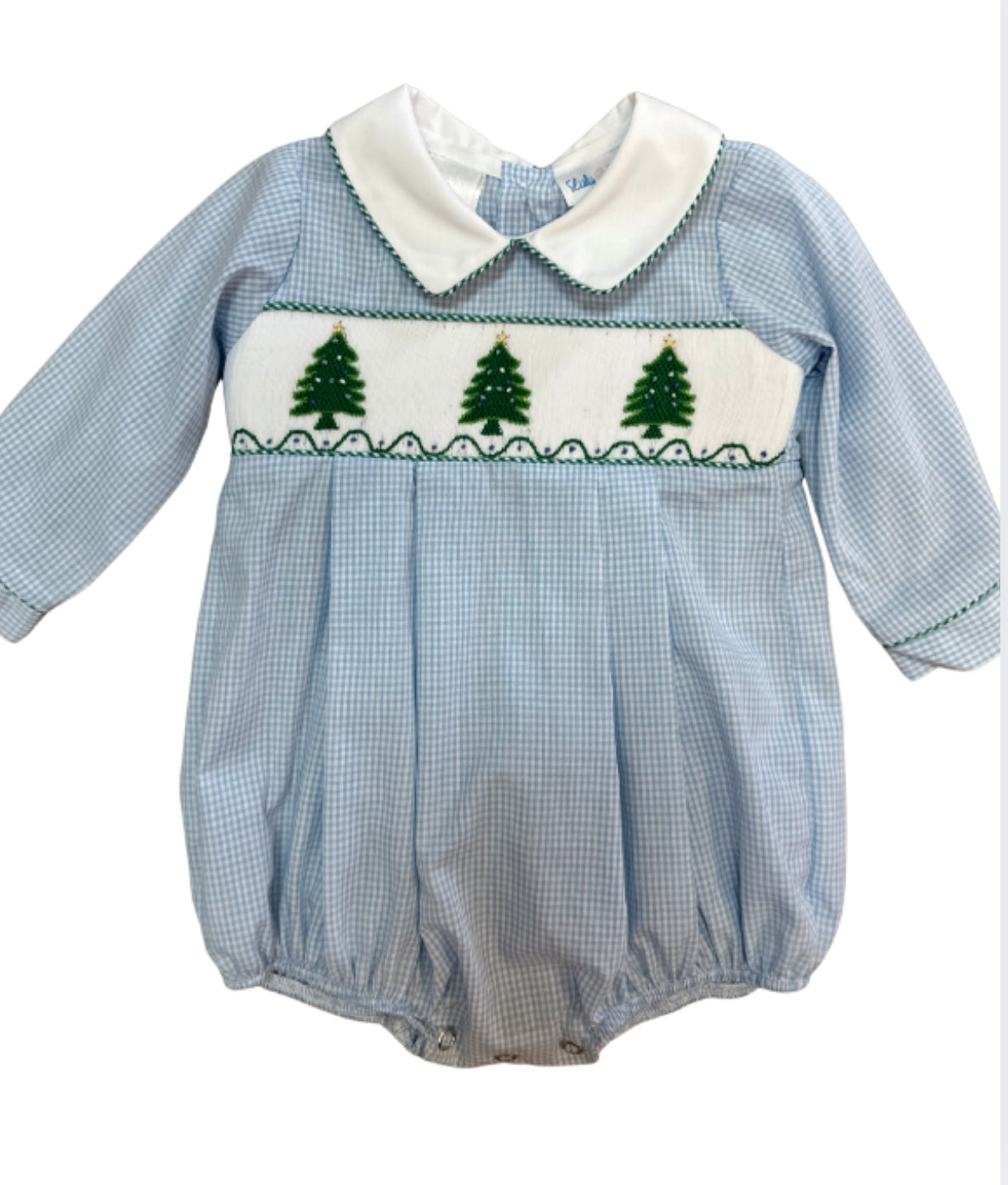 Christmas Tree Boy Smocked Bubble, Light Blue