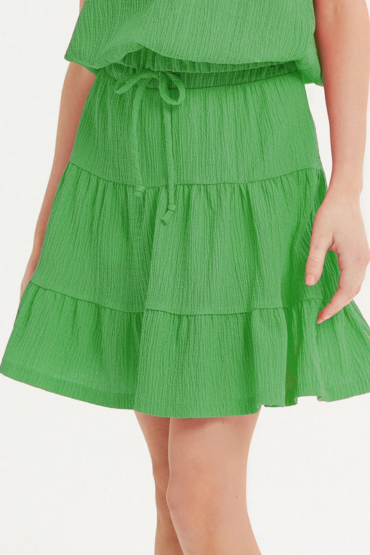 Crinkle Textured Tiered Skirt, Green