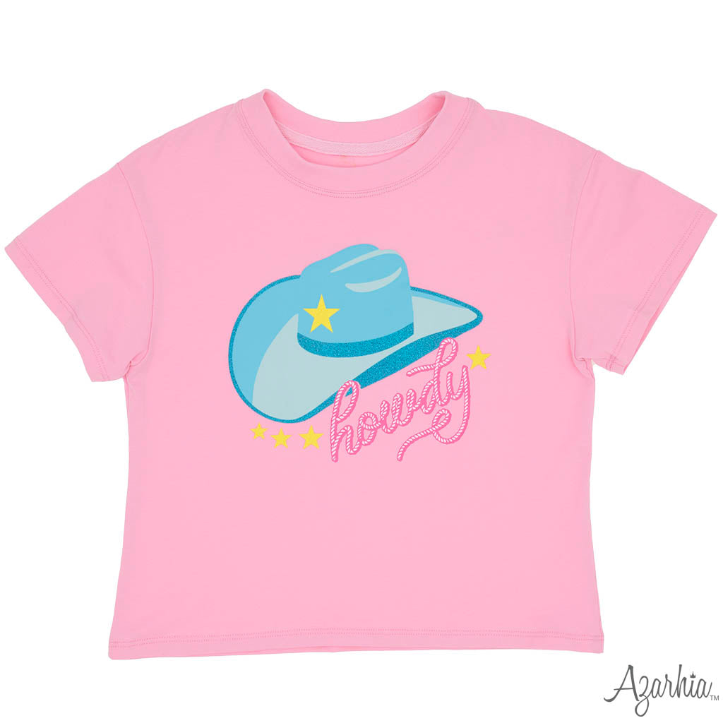 Rodeo Glitter Howdy Hat Tee, Pink
