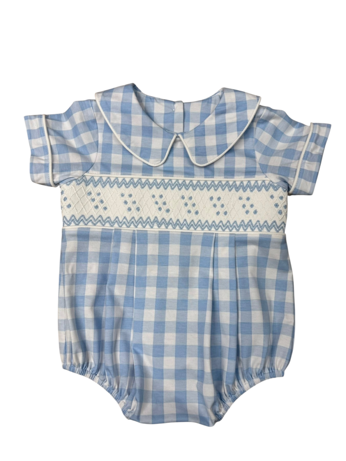 Blue Gingham Smocked Boy Bubble