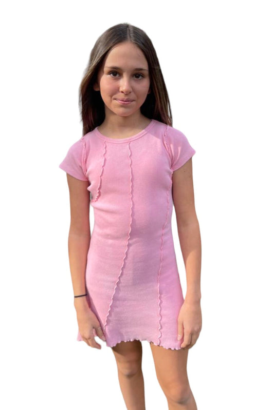 Seamed Ribbed Acid Washed Dress, Pink