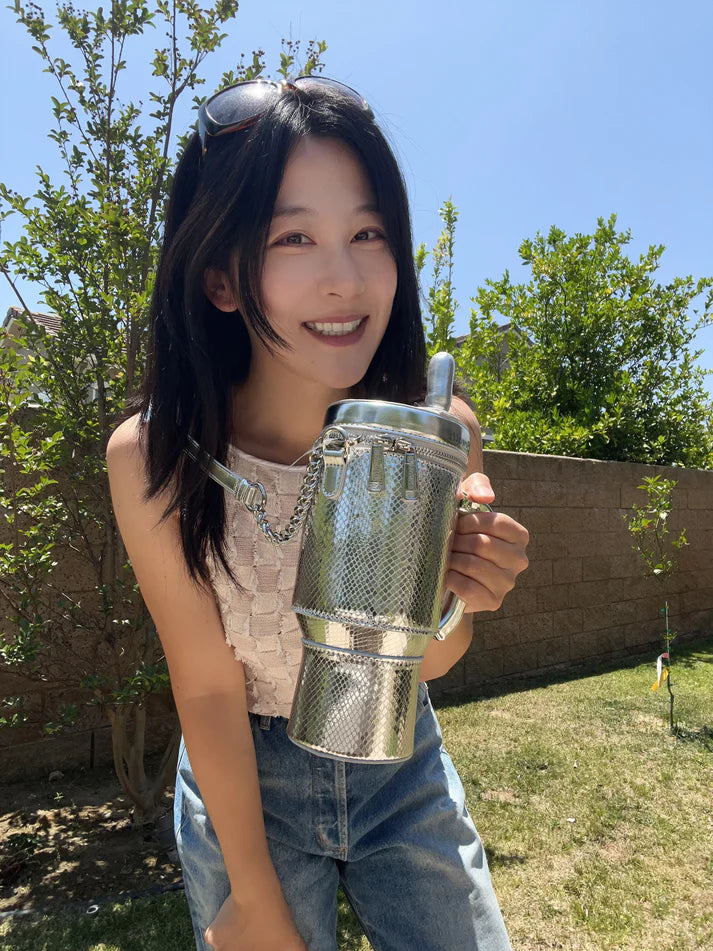 Take A Sip Water Cup Crossbody Purse, Silver