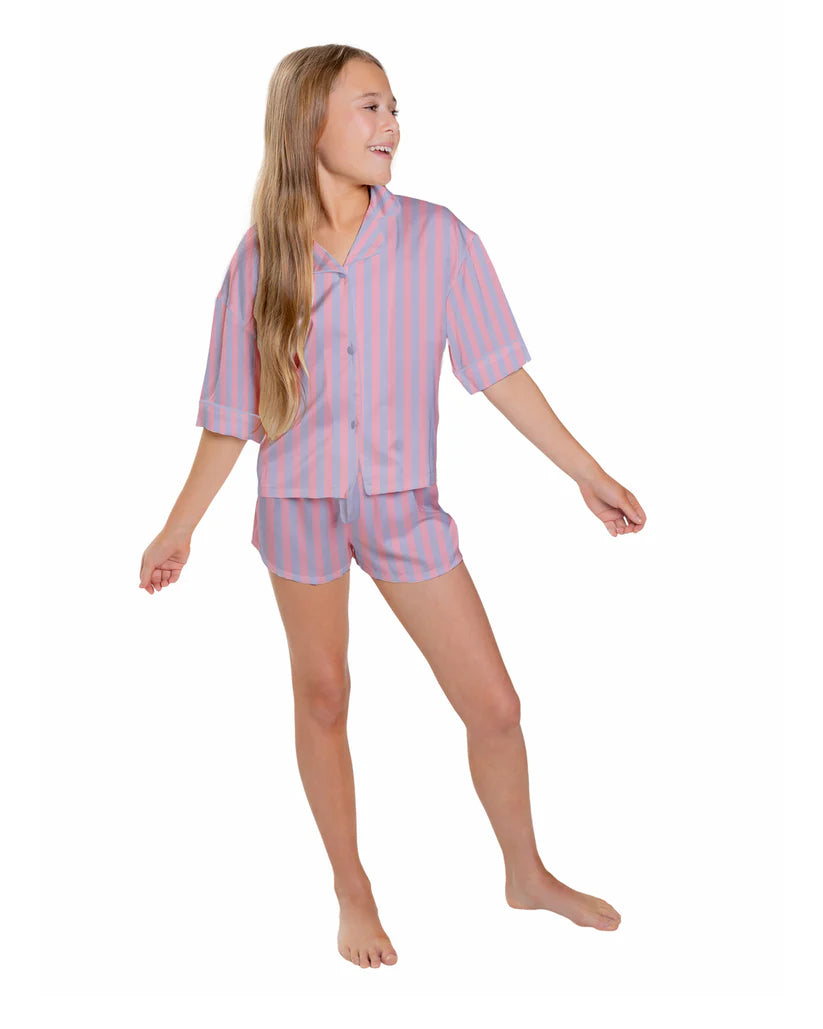 Stripe Satin Short PJ Set, Pink/Lavender