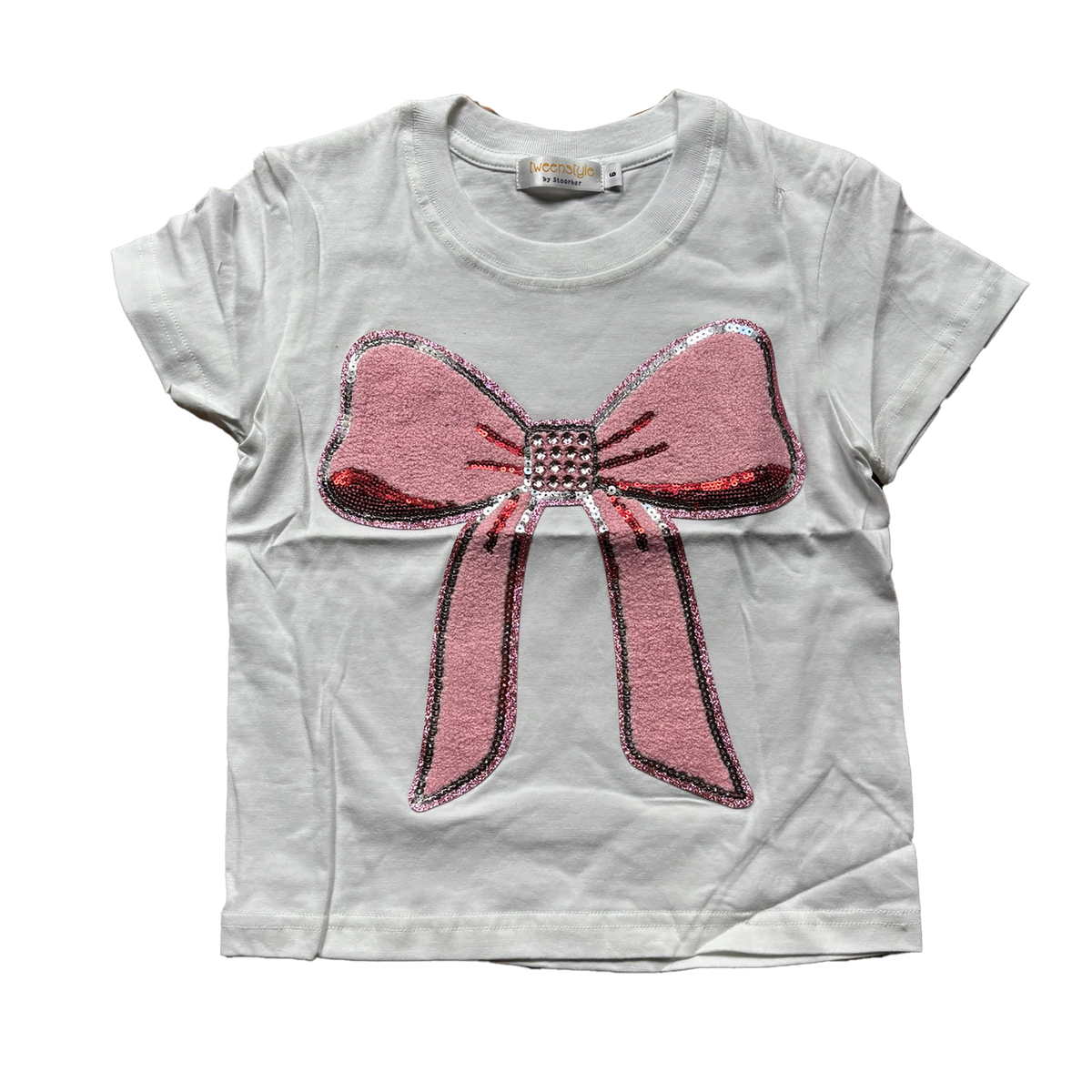 Chenille Bow & Rhinestone Tee, White
