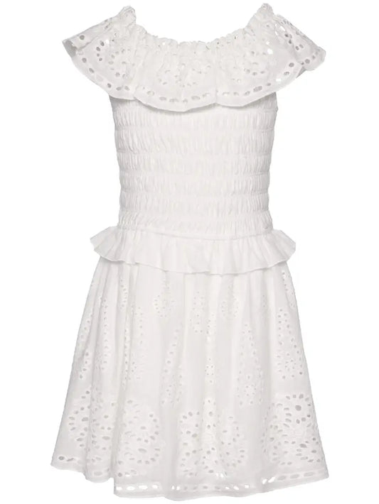 Smocked Bodice White Eyelet Dress