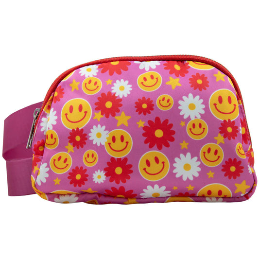 Crossbody Belt Bag, Red Flower Happy Face