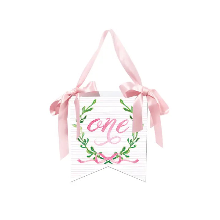 "One" Birthday Hanger with Laurel Wreath - Pink