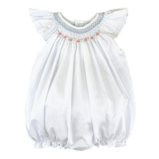 White and Blue Dot Smocked Flutter Sleeve Bubble