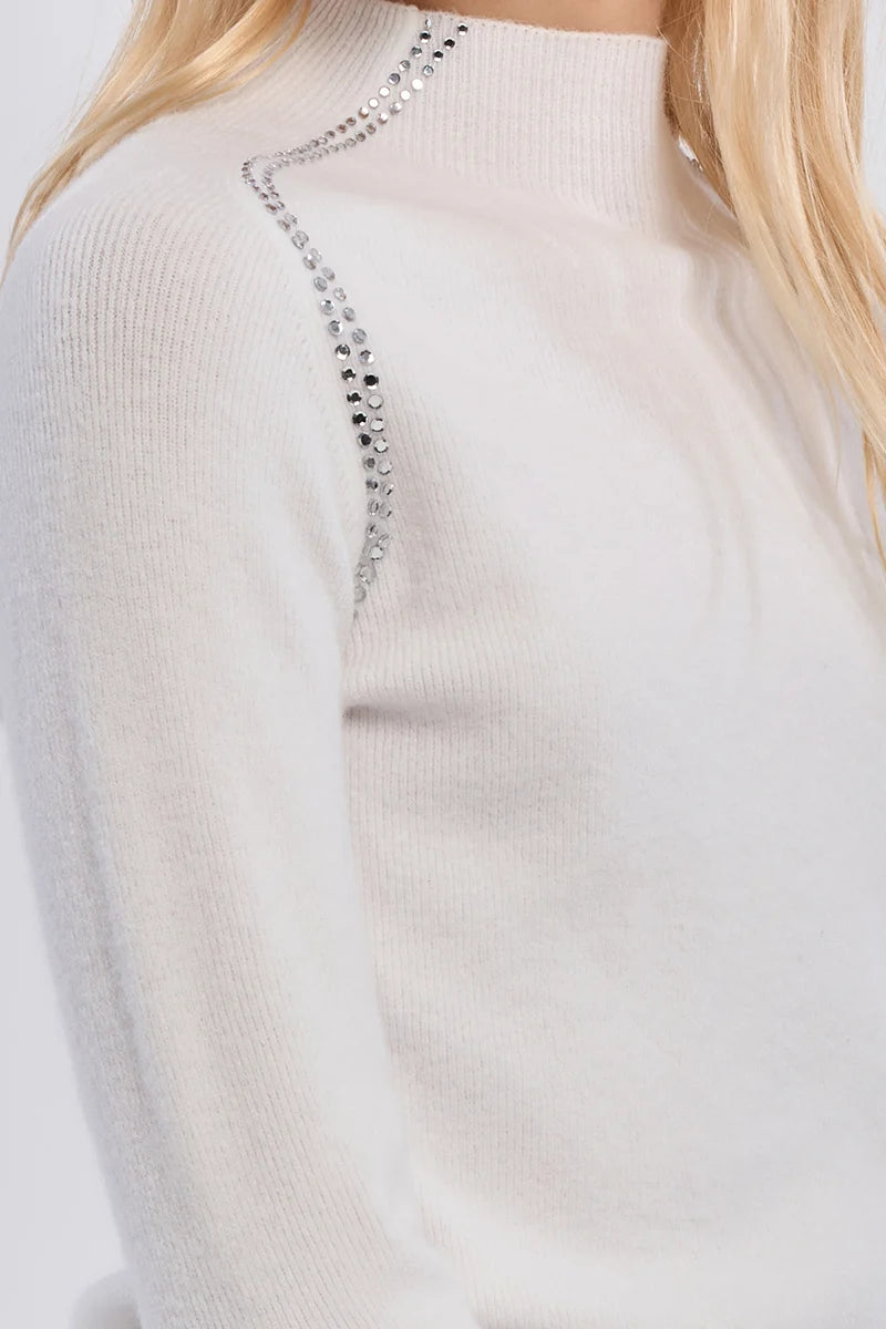 Studded Mock Neck Sweater, White