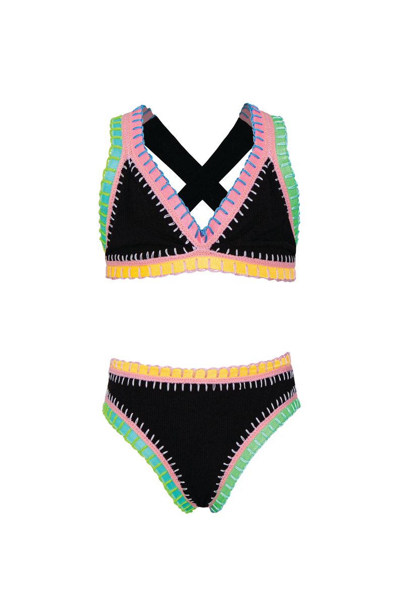 Sadie Rainbow Embroidered Bikini, Black
