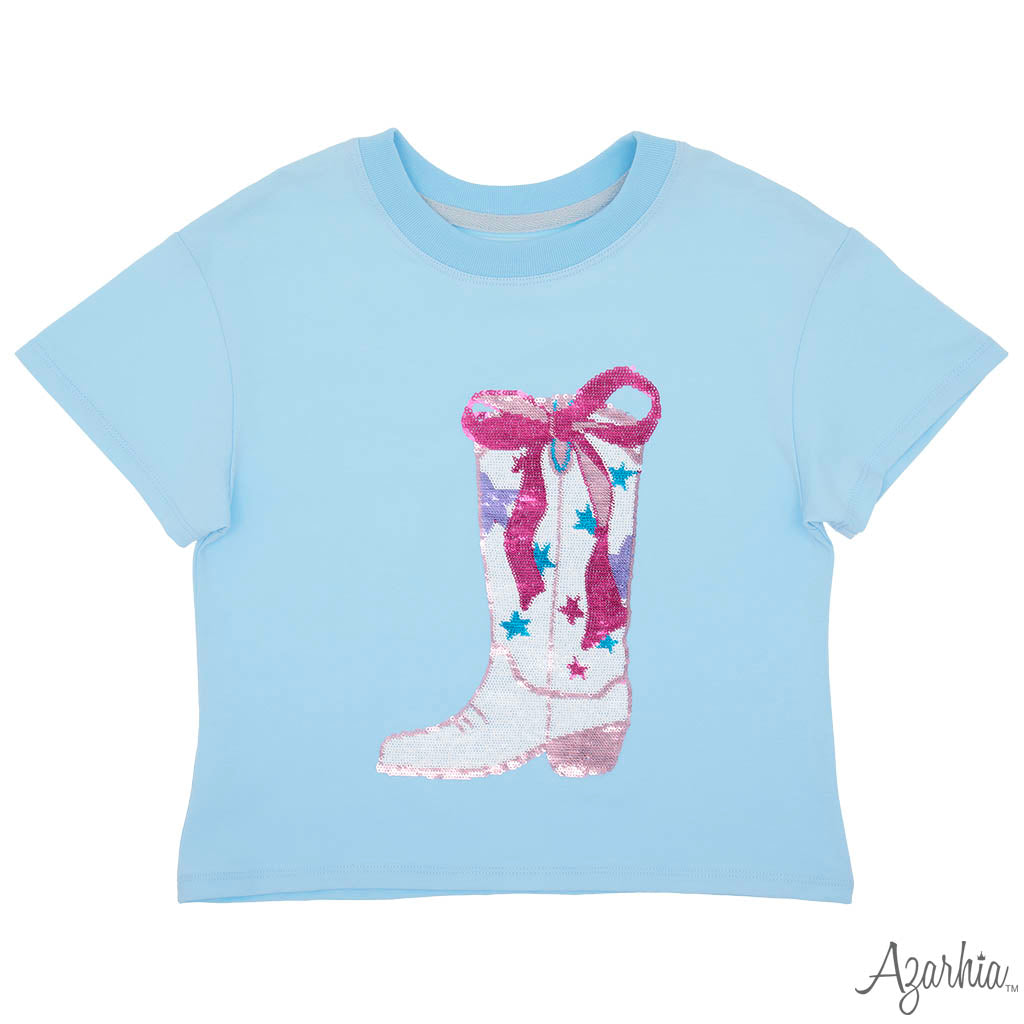 Rodeo Sequin Bow Boot Tee, Light Blue