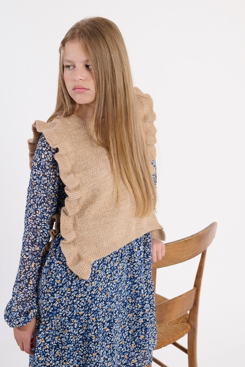 Sleeveless Ruffled Sweater, Beige