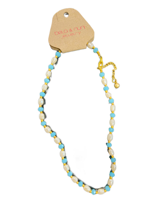 Pearl/Turq/Gold Beaded Necklace
