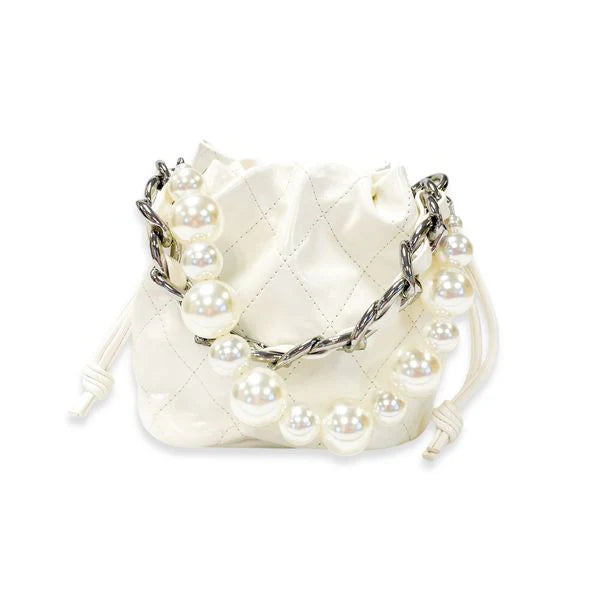 Pearl Handle Quilted Bucket Bag, Ivory