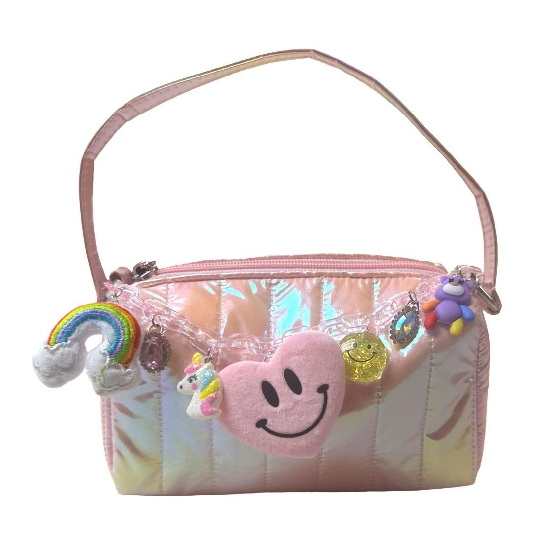 Puffy Quilted Purse w/Charm Chain Link, Lt Pink