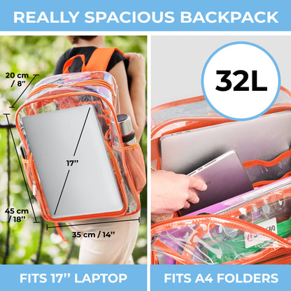 Clear Backpack For School XL | Top YKK® Zip | Orange Rhino