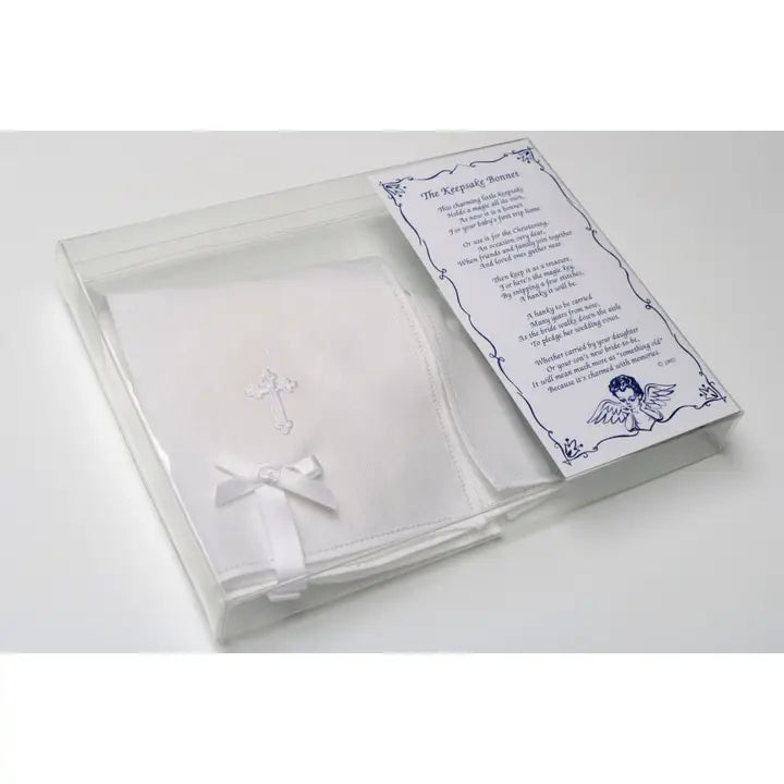 Linen Keepsake Baby Bonnet w/Cross