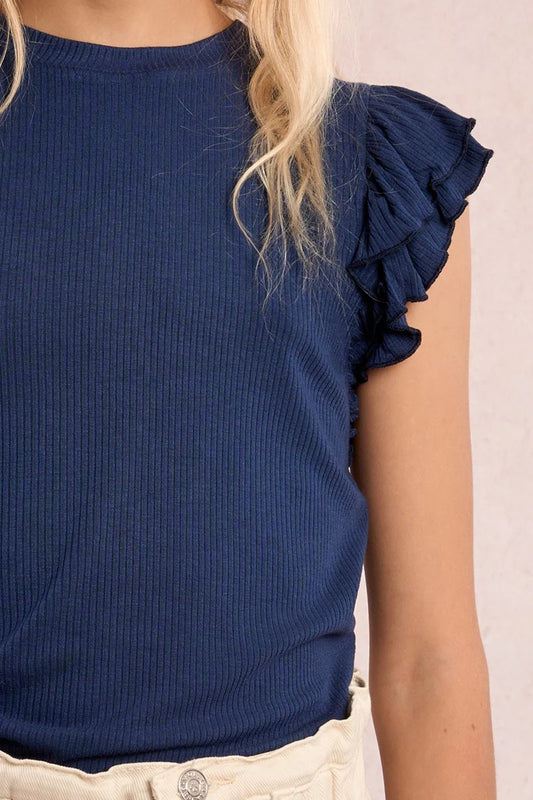 Ribbed Ruffle Tee, Navy