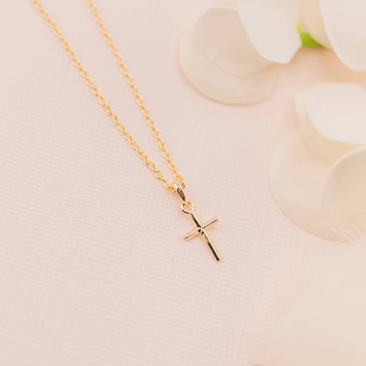 Children's 14K Gold-Plated Cross Necklace Baptism, Communion