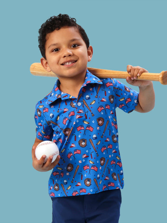 Boys Blue Stars & Strikes Baseball Knit Short Sleeve Performance Polo