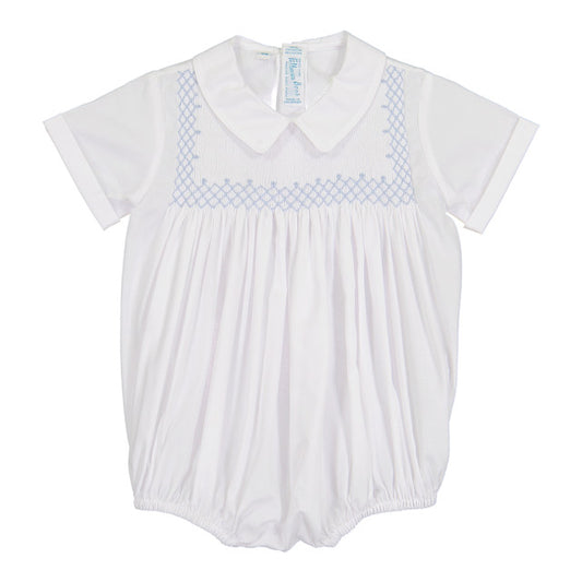 Vintage Smocked Bodice Creeper, White/Blue