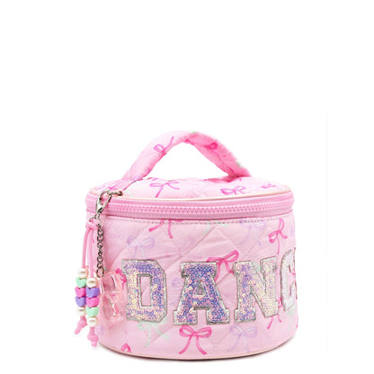 'DANCE' Quilted Bow Printed Round Glam Bag with Charm