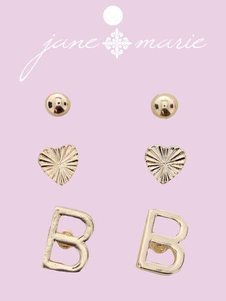 3 Stud, Gold "B" Initial, Gold Heart, and Gold Bead Earring
