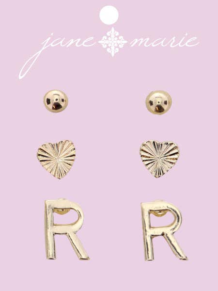 3 Stud, Gold "R" Initial, Gold Heart, and Gold Bead Earring