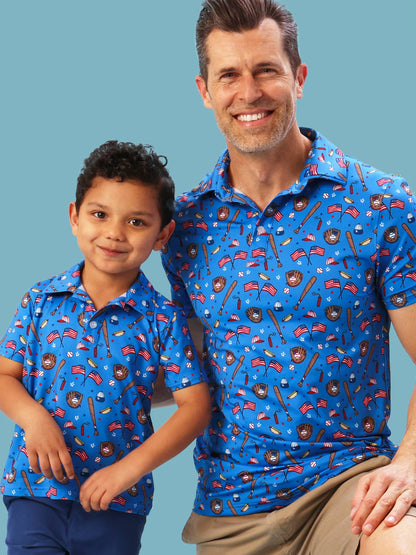Boys Blue Stars & Strikes Baseball Knit Short Sleeve Performance Polo
