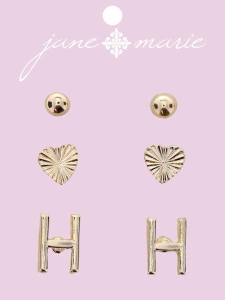 3 Stud, Gold "H" Initial, Gold Heart, and Gold Bead Earring