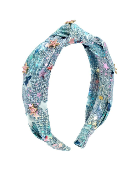 Denim Wash Knot Headband w/Star Charms