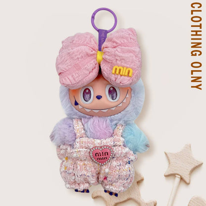 Mini Labubu Doll Tweed Overall Bow Headpiece Outfit Set