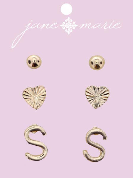 Triple Stud, S Initial & Heart Gold Earring Set