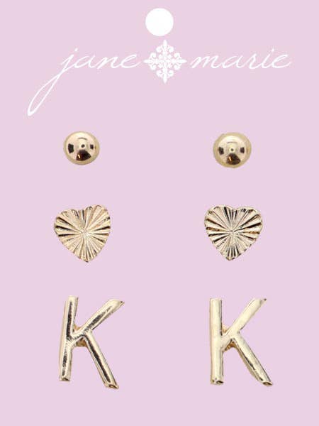 3 Stud, Gold "K" Initial, Gold Heart, and Gold Bead Earring