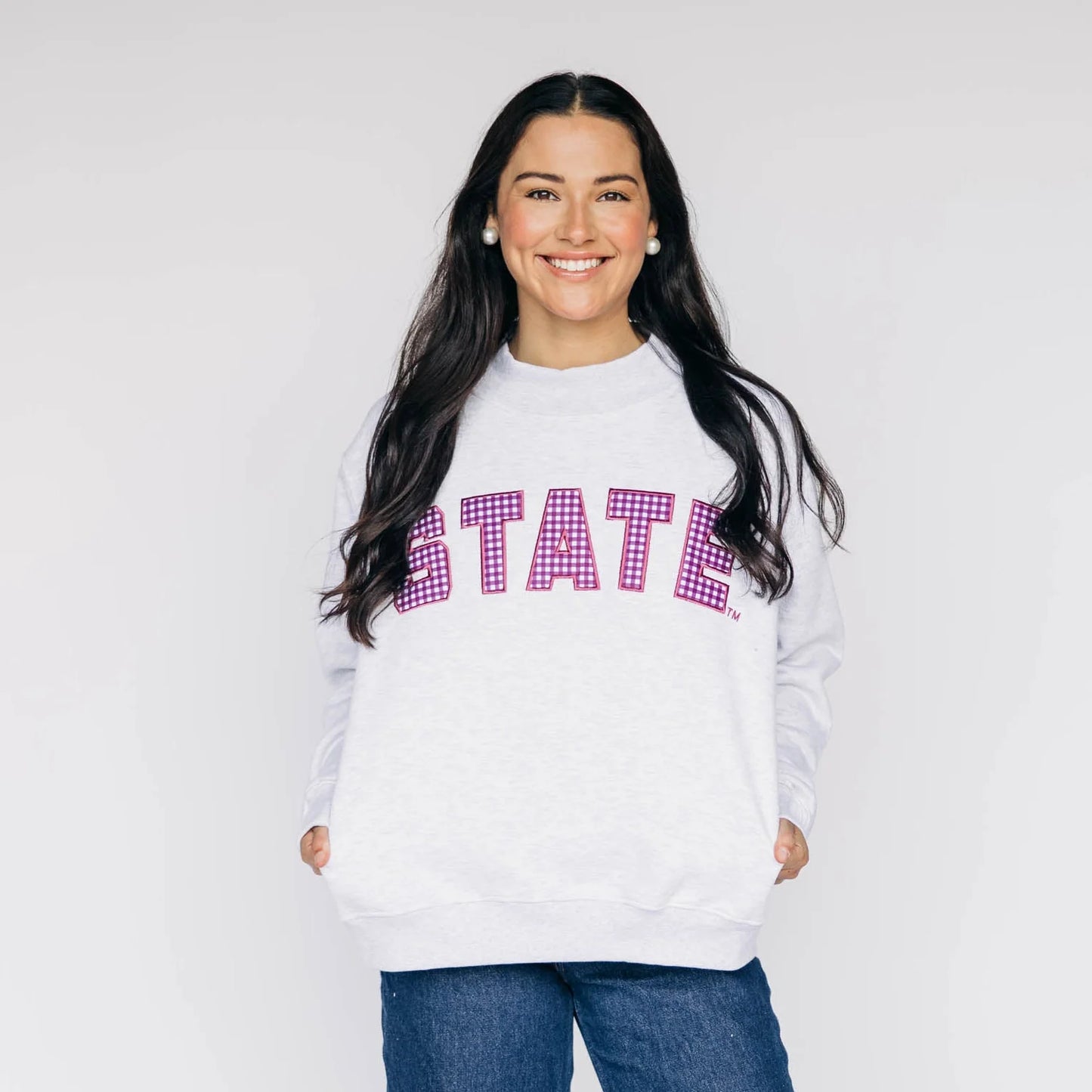 Mallory Gingham Mockneck MS STATE, Heathered Gray