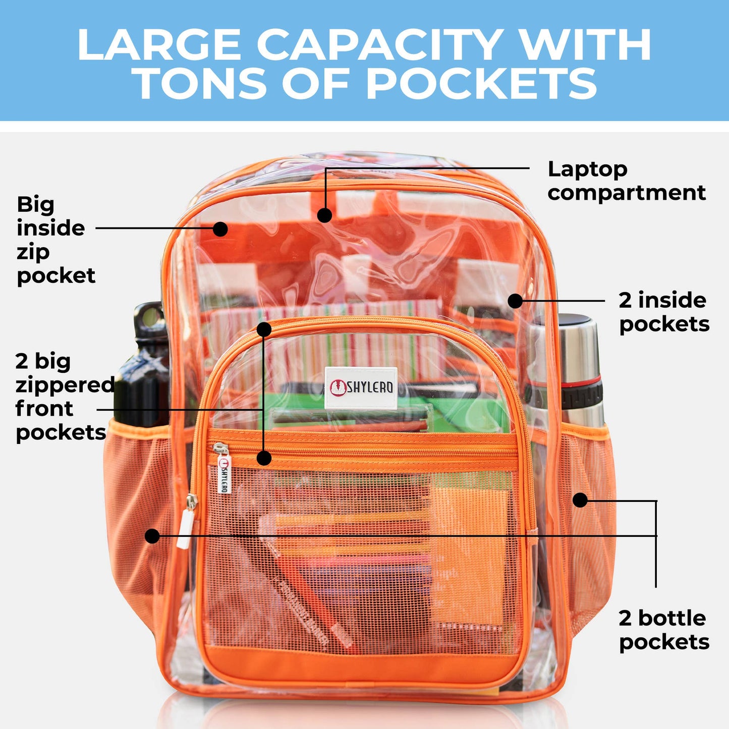 Clear Backpack For School XL | Top YKK® Zip | Orange Rhino