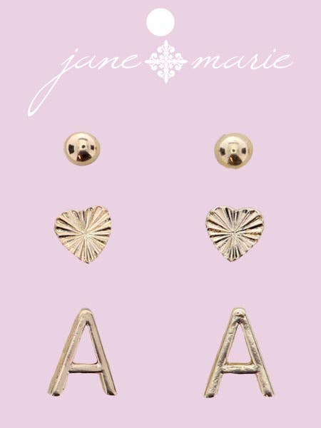 3 Stud, Gold "A" Initial, Gold Heart, and Gold Bead Earring