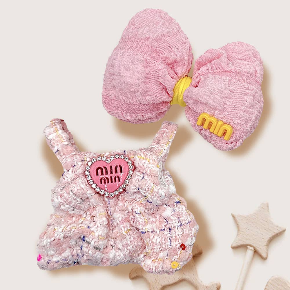 Mini Labubu Doll Tweed Overall Bow Headpiece Outfit Set
