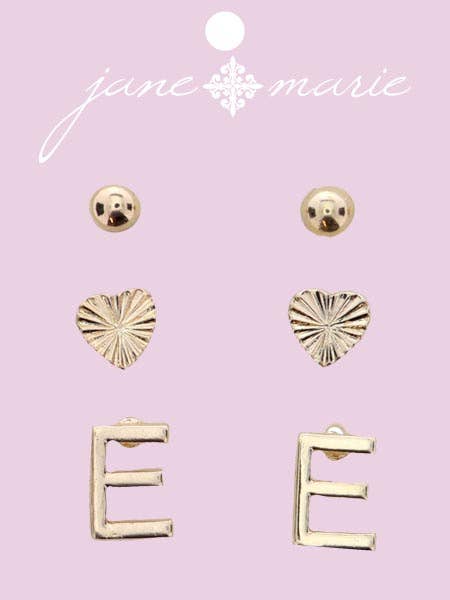 3 Stud, Gold "E" Initial, Gold Heart, and Gold Bead Earring