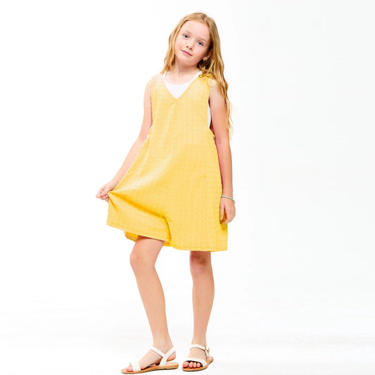 Curly Wrinkled Sleeveless Dress Romper, Butter Yellow