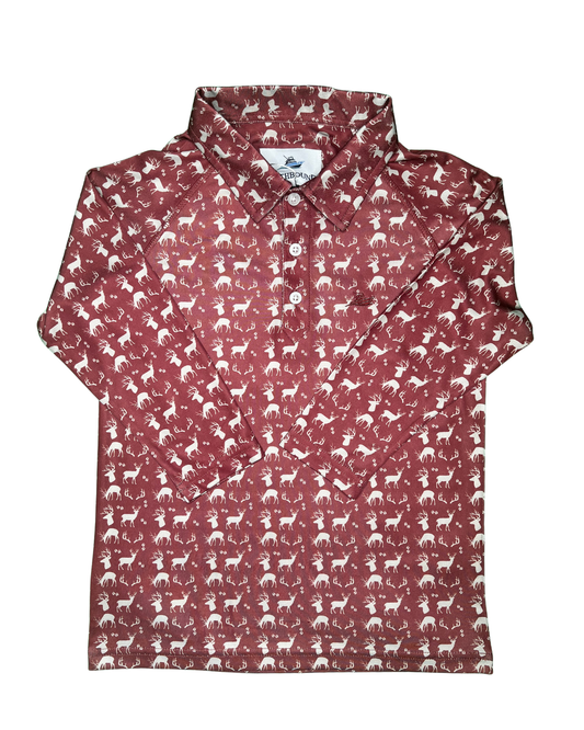 Deer Print LS Performance Polo, Wine