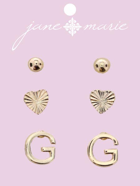 3 Stud, Gold "G" Initial, Gold Heart, and Gold Bead Earring