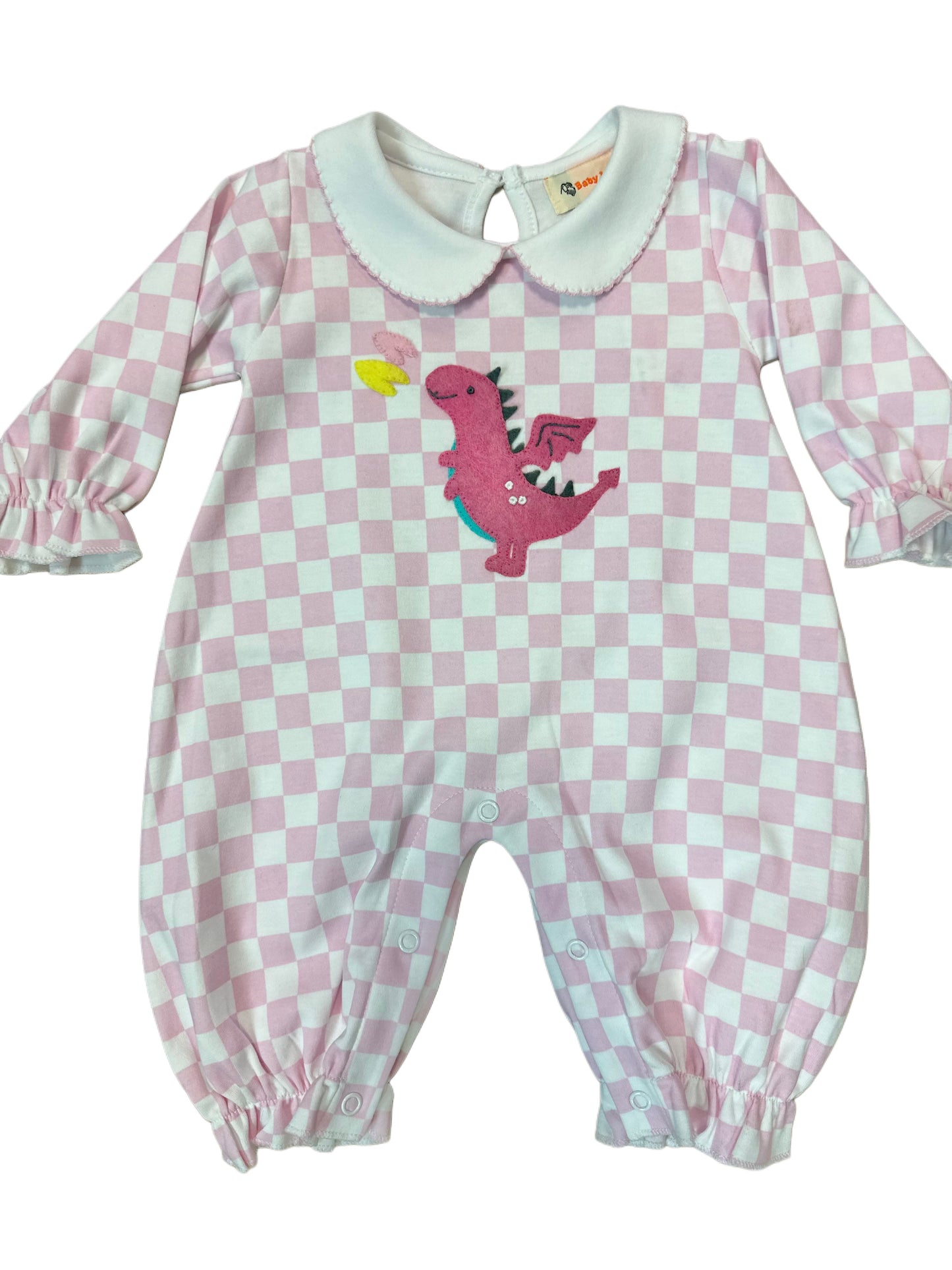 Girls Dragon Checkered Print LS Romper, Pink