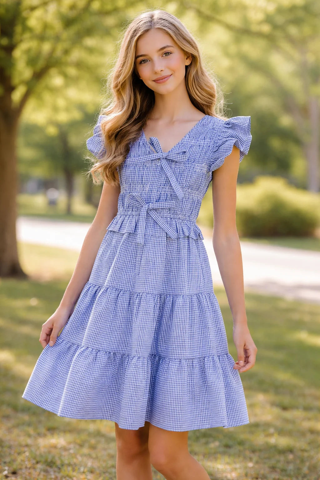 Gingham Ruffle w/Lace Trim Mini Dress, Blue